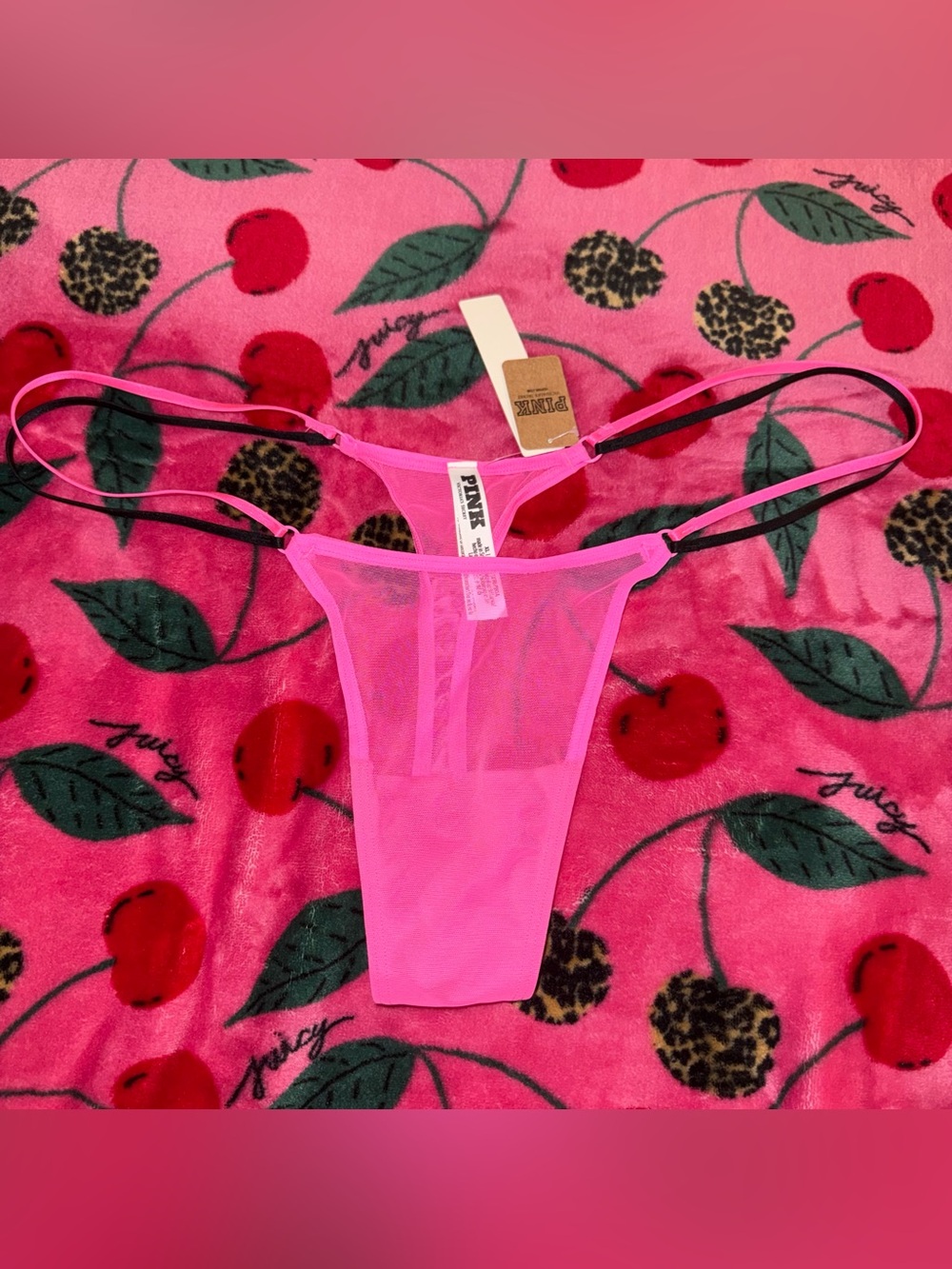 NWT Victoria's Secret PINK Mesh Strappy Micro Pink Black Thong Size XL